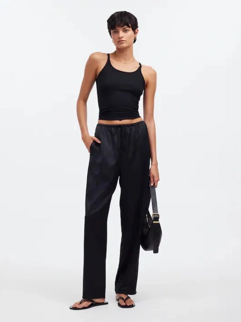 Madewell Pintucked Slim Pull-On Pants in Satin size small in Black Athleisure